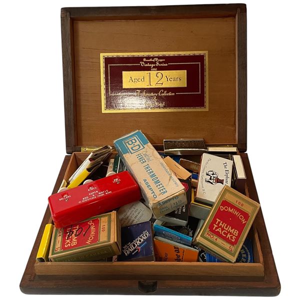 Wood Torpedo Cigar Box with Match Books & Small Advertising Boxes