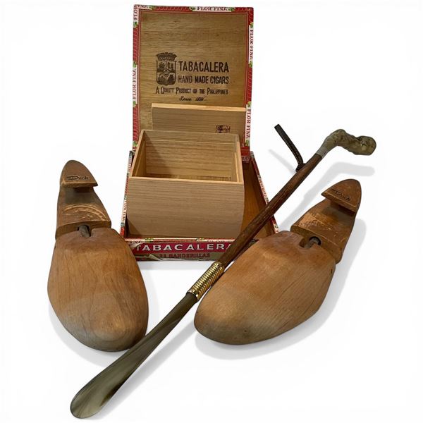 Vintage Shoe Horn, Wood Shoe Tree Set and 2 Wood Boxes
