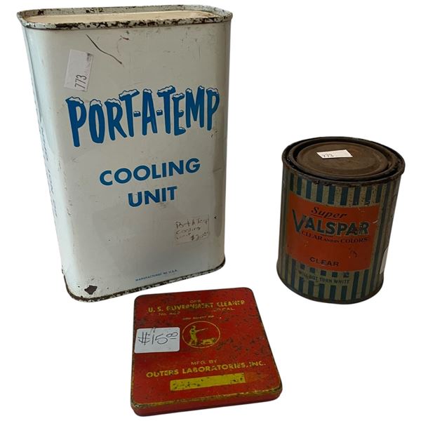 3 Vintage Tins * Valspar, Port-A-Temp and US Government Cleaner