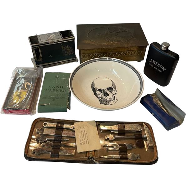 Gentlemen's Lot of Hand Warmer, Cigarette Stand, Harmonica, Porche Key Chain and more