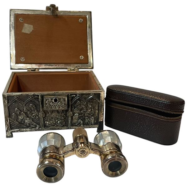 Japanese Mother of Pearl Opera Glasses with Case in a Metal Keepsake Box