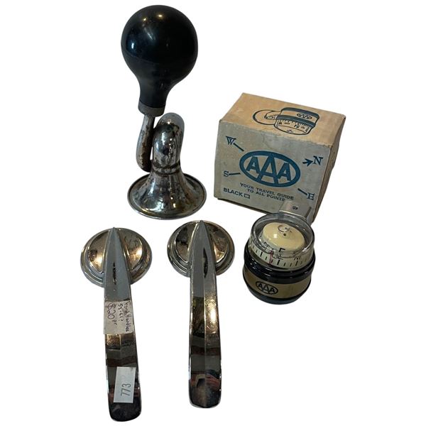 Group of Automotive Items * Squeeze Bulb Horn, Door Handles for a 1958-61 Ford, Dash Compass with AA