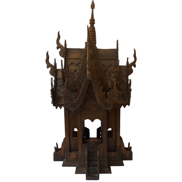 Carved Wood Thai Spirit House "Replica of a Buddhist Temple" (" 13 x 13" x 26" tall)
