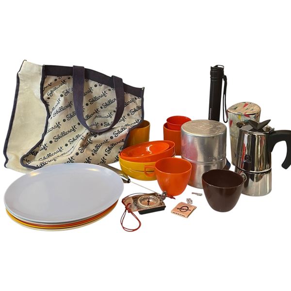 Shelf Lot of Camping and Household Goods * Flashlight, Compass, Milk Frothier, Dishes & More