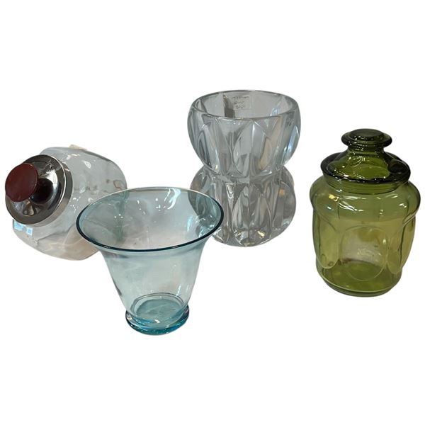 Group of 4 Glass Vases & Jars * Glass vase, blue glass vase, vintage green candy jar and clear candy