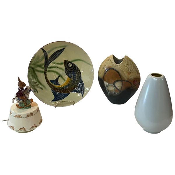 Group of 4 Collectible Ceramics & China  * Glazed Ceramic Fish Plate and Vase, Blue Vase & Bunnykins