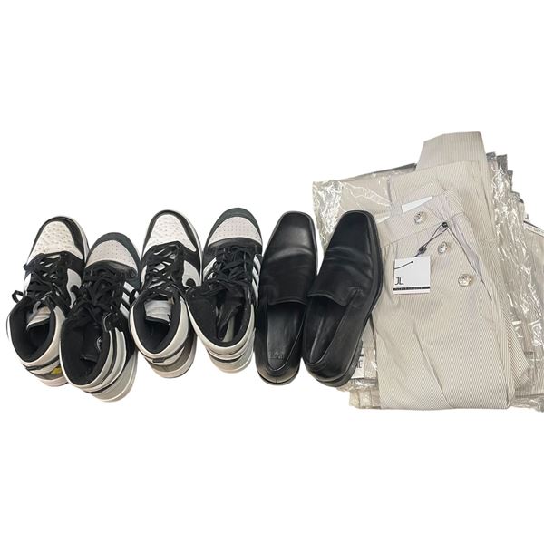 2 Pairs of Men's Adidas (Size 11), Size 10 Black Leather Boss Dress Shoes and 6 New  Pairs of Jullie