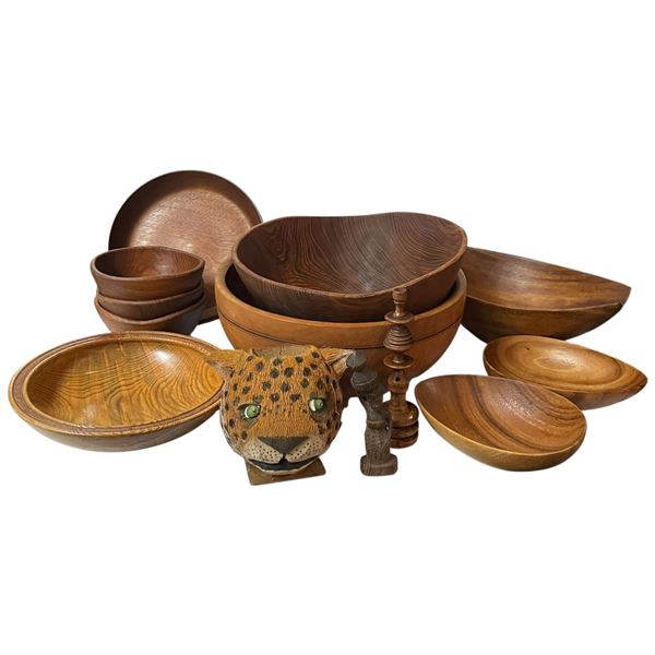 Shelf of Carved Wood Bowls, Figurines and a Coconut Head Leopard