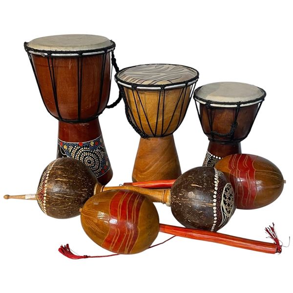 Group of Small West African Small Drums and Rattles