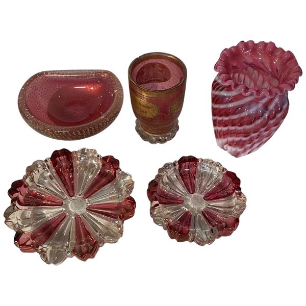 6 Pieces of Pink or Ruby Art Glass