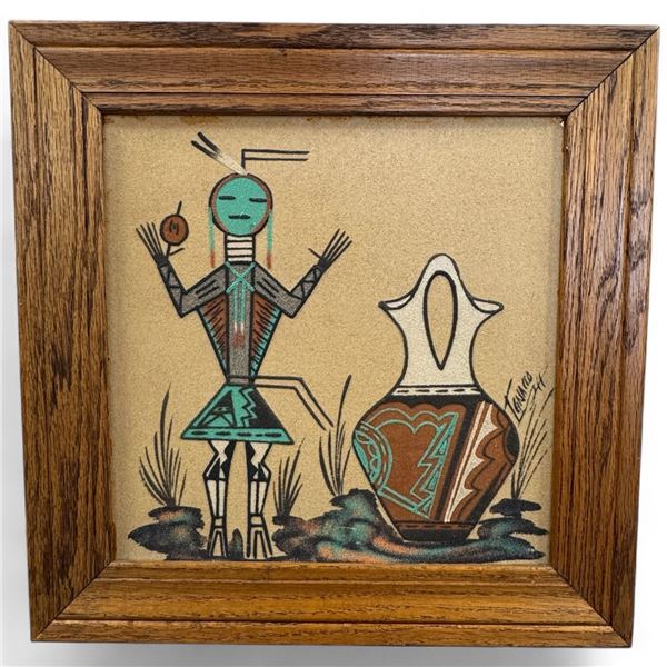 Navajo Sand Painting Reproduction of Yei" (Holy People) Figure (frame is 16" x 16")