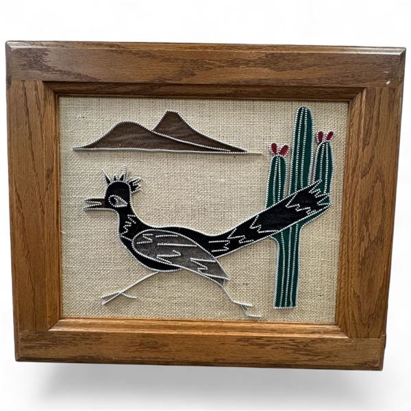Framed Southwestern Art of a  Road Runner  (frame is 16" x 17")