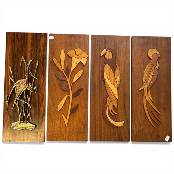 4 Mid-Century Wall Plaques * One will applied metal cranes *(Each wall plaque is: 6" x 16")