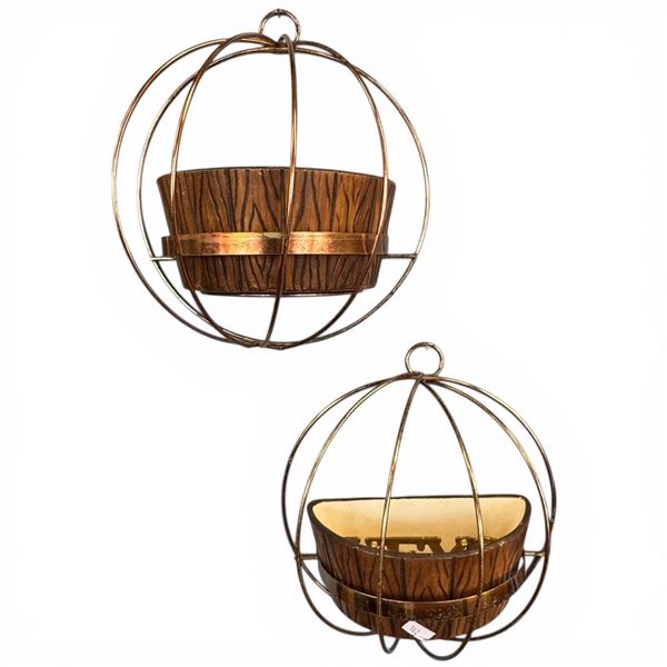 1958 Treasure Craft, California Ceramic Wall Planters in Metal Cages * 10" diameter