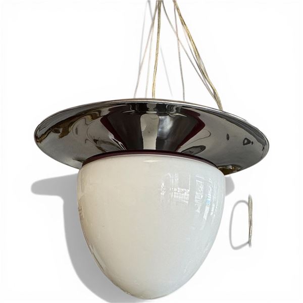 Bauhaus Style Chandelier with Metal Reflector and Milk Glass Shade (17" Diameter X 13" Tall)