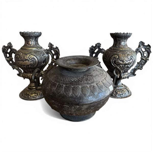 Pair of Classical Metal Vases & 1 Ritual Food Vessel (break in the lid)