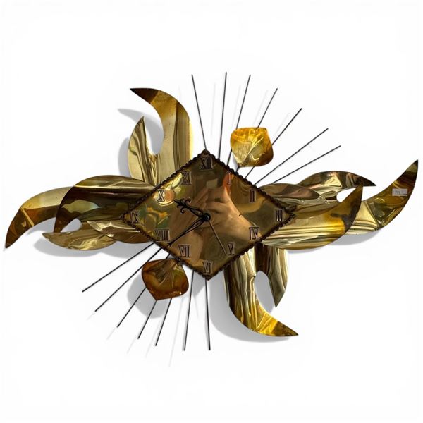 Mid-Century Modern Brass Brutalist Wall Clock (19" x 28")