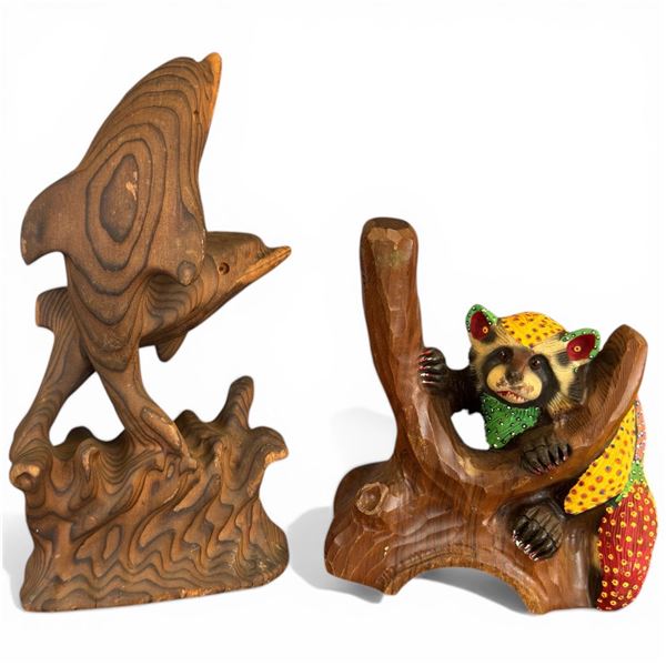 Carved Wood Fish Statue Plus  Carved and Hand Painted Racoon (Fish is 12" Tall)