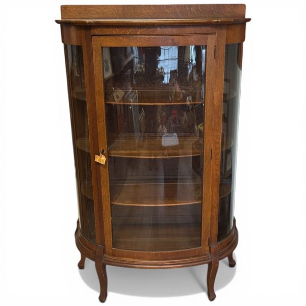 Oak Curved Glass Display Cabinet with Keys (16" X 36" X 59" Tall)