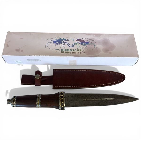 Damascus Blade Knife in Sheath with Box (8" blade)