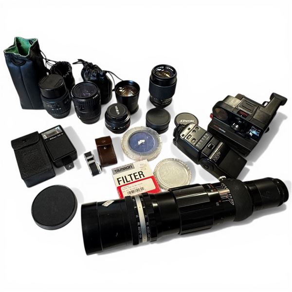Shelf Lot of  Lenses, Filters,  & Sonar One Step Camera