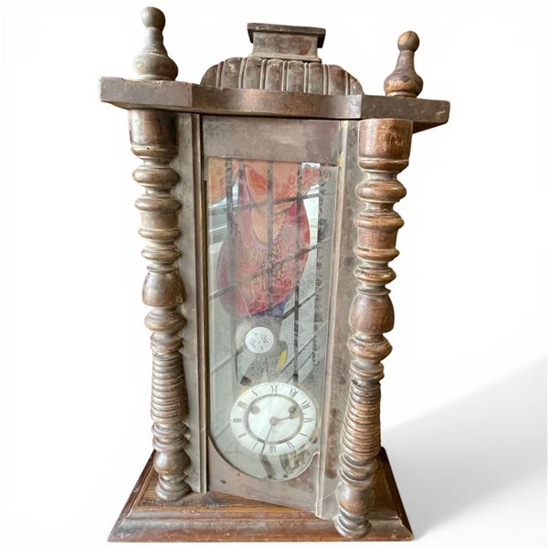 Vintage German Mantle Clock with Porcelain Dial & Turned Wood Case * Needs Some Love (8" X 17" X 26"