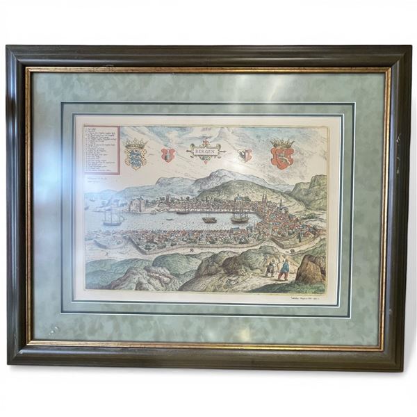 Vintage Print of a Bird's-Eye View Map of Bergen, Norway, Based on a 1588 bHieronymus Scholeus Drawi
