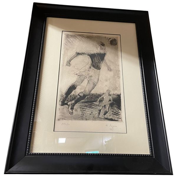 Pencil Signed Ltd. Editon Etching of a Soccer Striker  #250/50 927  (Frame Dimensions: 22" X 17")