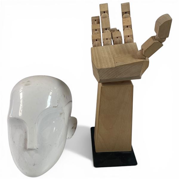 White Mannequin Head and Articulating Wooden Hand Sculpture 12" Tall