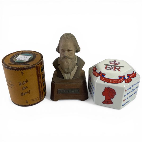 Banff Hot Springs  & the Silver Jubilee Piggy Bank Also Included is a Brahms Bust Music Box