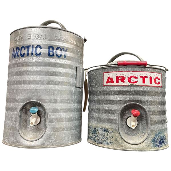 Two Vintage Galvanized Water Coolers 2 and 3 Gallon