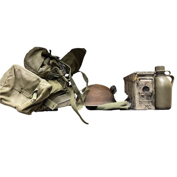 Collection of WWII Militray Items: Helmet, Canteen, Ammo Can, Chest Rig, Binoculars and More