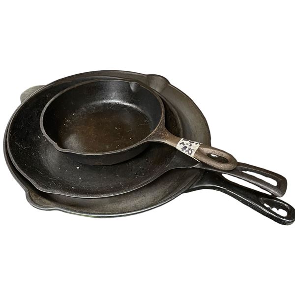 Trio of Cast Iron Pans: Le Crueset 26, Griswold Wagner Ware 9" and USA #3