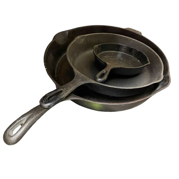 3 Cast Iron Pans: Pair of Wagner Ware 13 3/8" & 10.5" and One Unmarked