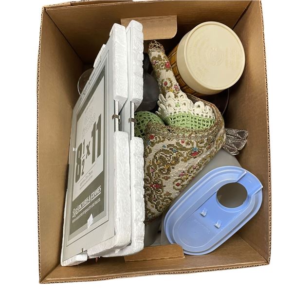 Box Lot of Assorted Kitchen Items, Picture Frames and More