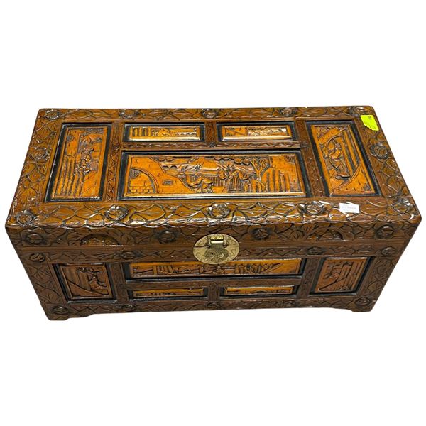 Camphor Chest with Chinese Motif Carvings 27x13x12"