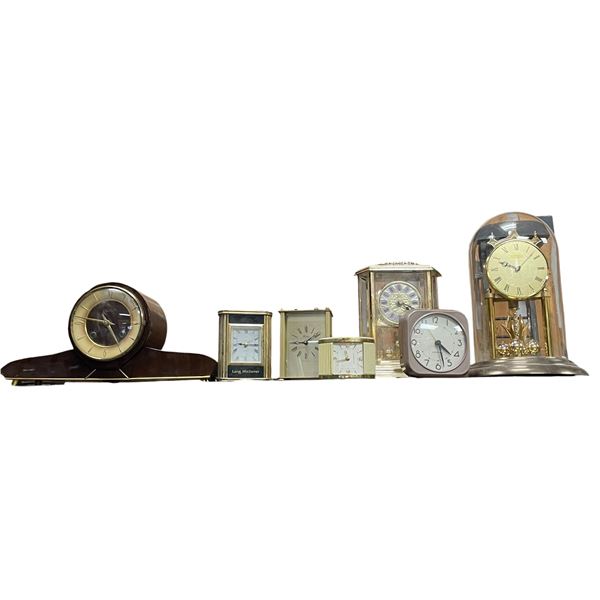 Collection of 8 Mantle Clocks: Westclock, Silver Bell. Lang Michener, Movado, Forestville and More