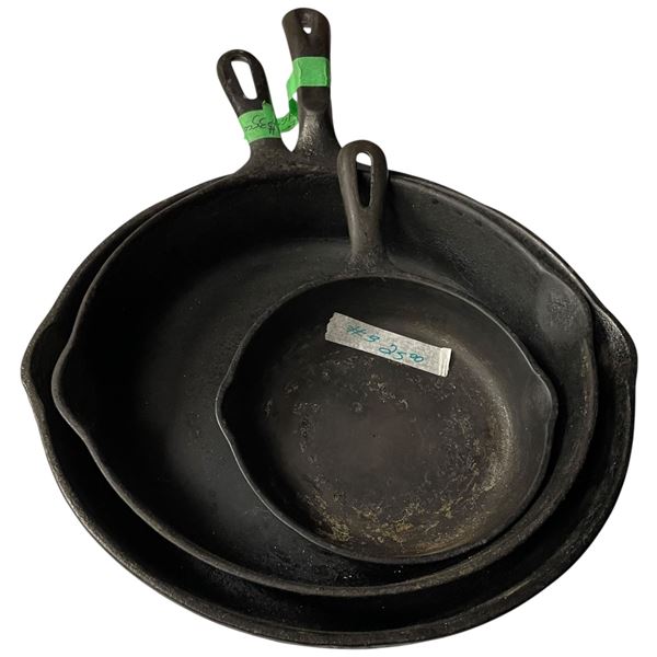 3 Cast Iron Pans Wagner 1891 12",10.5" Unmarked and 6.5" Unmarked