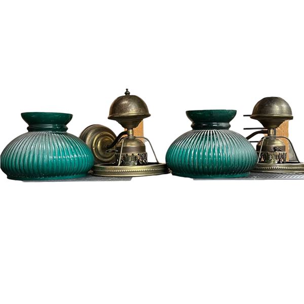 Pair of Vintage Brass Wall Mounted Lamps with Green Ribbon Shades 14" Tall