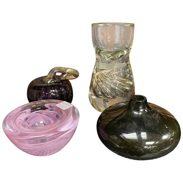 4 Pieces of Art Glass: Vases, Bowl and Ornate Purple Gourd, Tallest Vase is 7.25" Tall