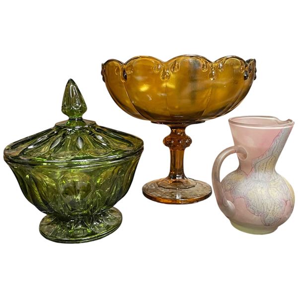 Trio of Vintage Coloured Glass Pieces: Candy Dishes and Small Pitcher: Tallest Piece is 8"