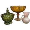 Image 1 : Trio of Vintage Coloured Glass Pieces: Candy Dishes and Small Pitcher: Tallest Piece is 8"