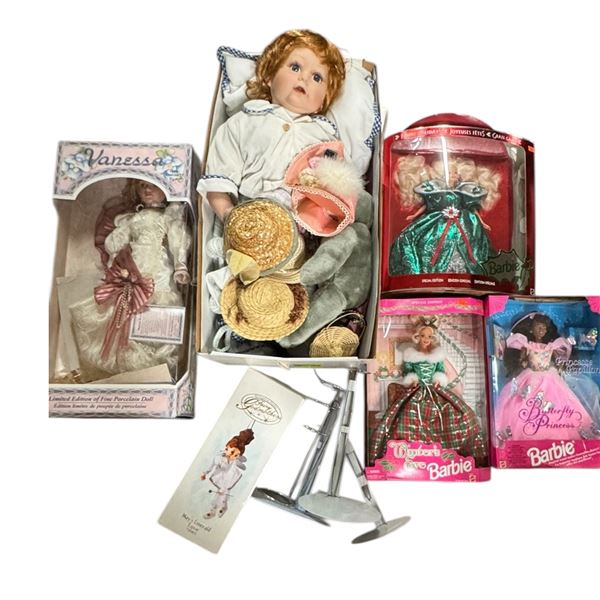 Assorted Shelf Lot of Barbies Dolls and Doll Stands