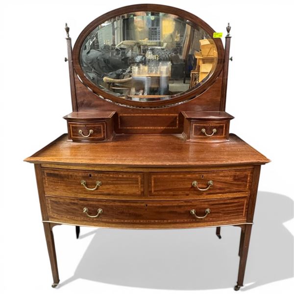 Edwardian Mahogany Dressing Table Featuring an Oval Swing Mirror and Inlaid Details 44x22x60"