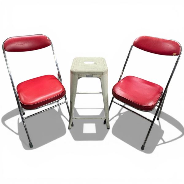 Pair of Vintage Red Vinyl Chairs and Metal Stool