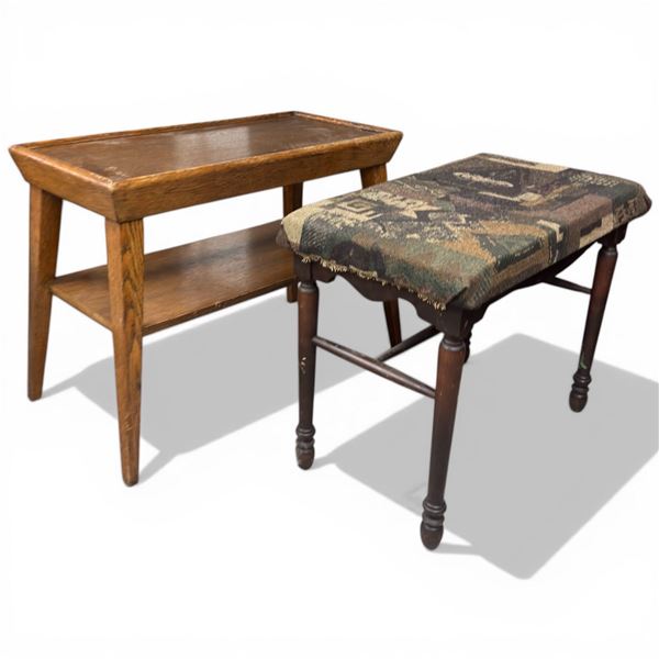 Vintage Piano Stool and Mid Century Wood Two Tiered Table