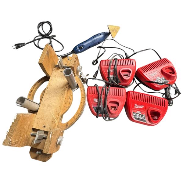 Assorted Tools and Milwaukee Chargers