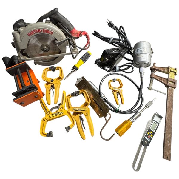 Assorted Tools Clamps, Saw, Orbital Tool and More