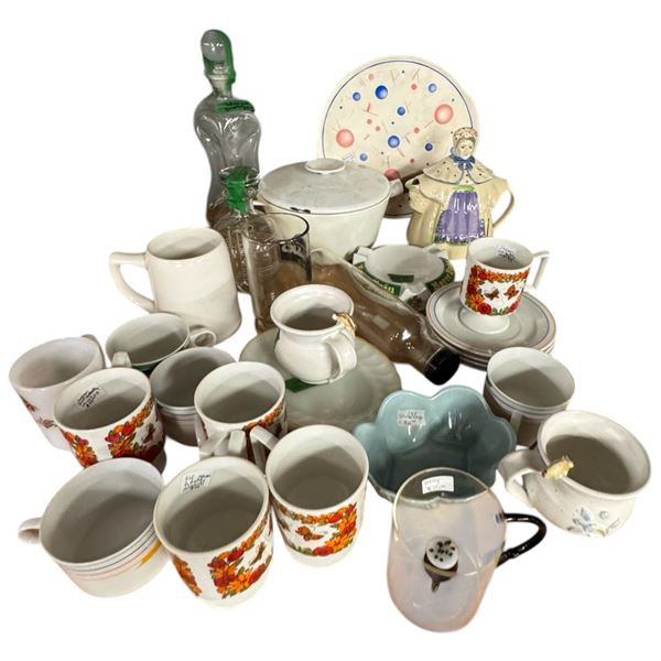 Assorted Decorative Collectables: Decanters, Porcelain, Pottery, Mugs and More