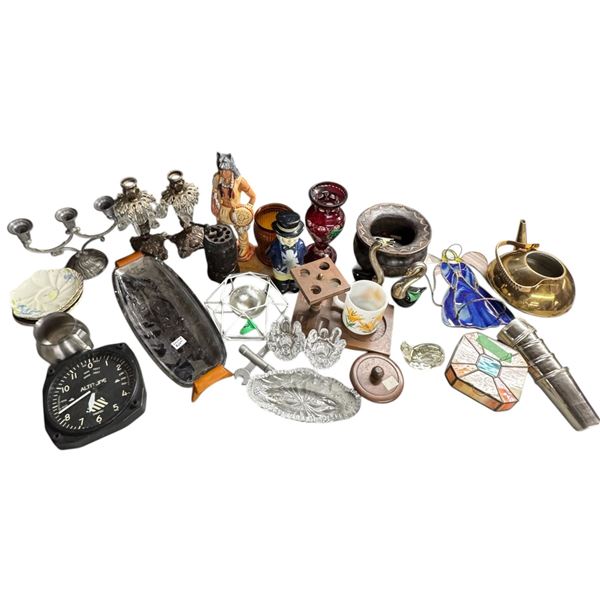Assorted Decorative Collectables: Brass, Stained Glass, Altimeter Clock, Glass and More